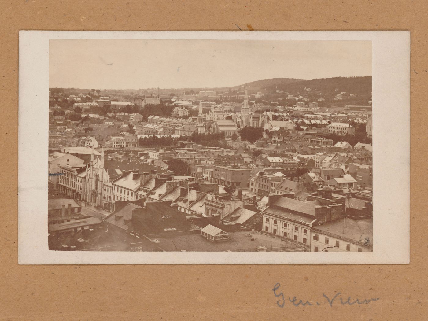 View of Montréal, possibly from a tower of Basilique Notre-Dame, with Mount Royal in the background, Canada (now Québec, Canada)