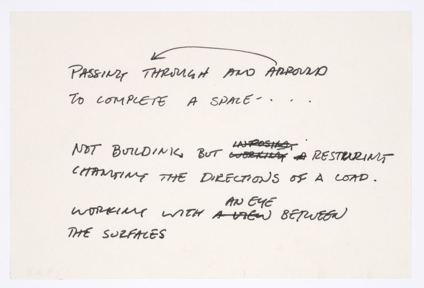 Passing through and around to complete a space / Not building but restoring changing the directions of a load / Working with an eye between the surfaces