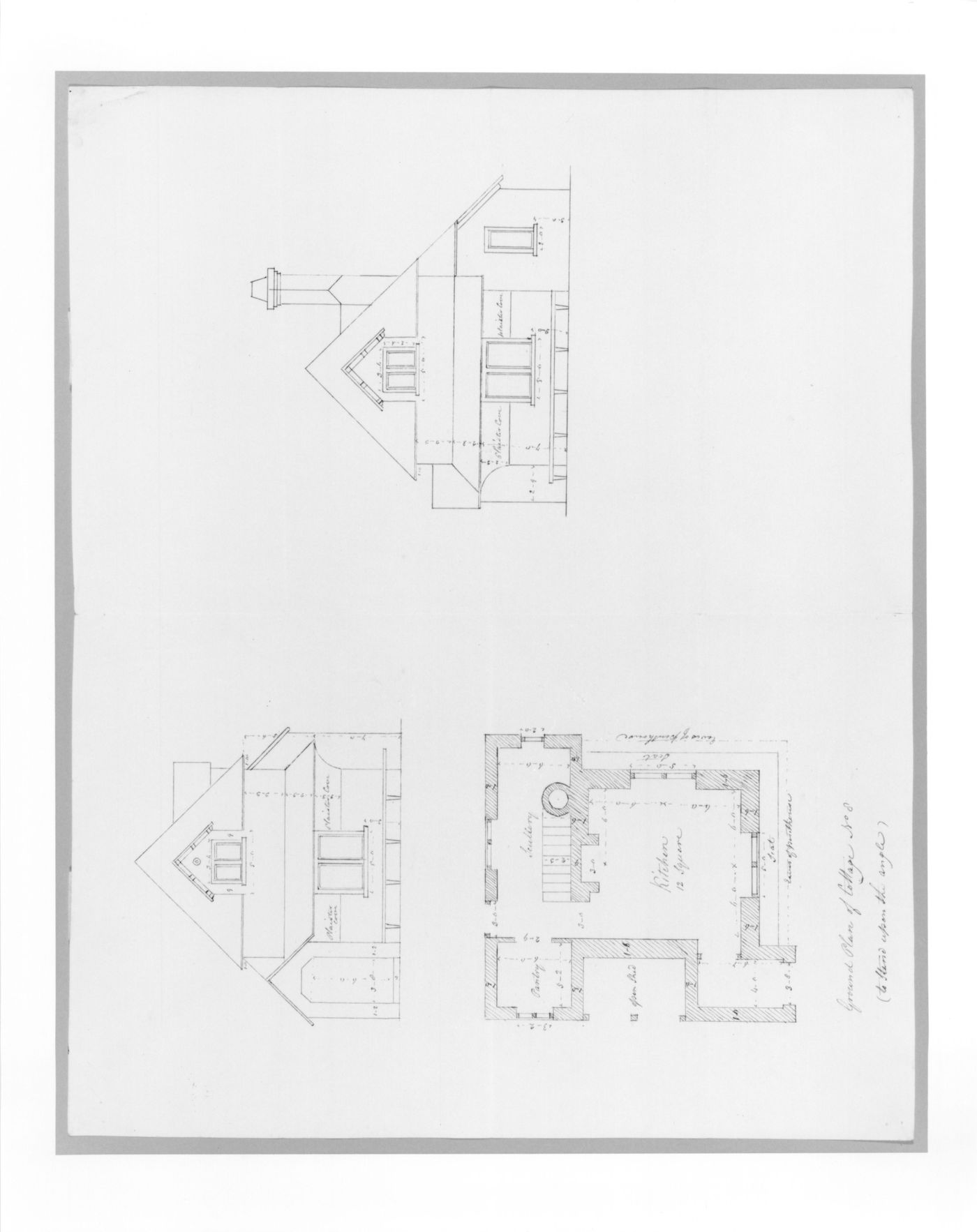 Two elevations and a ground plan for a picturesque cottage