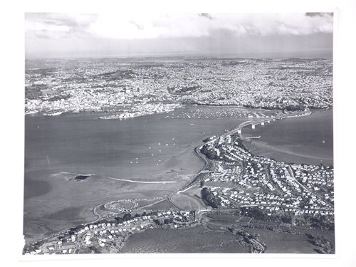 Aerial view of the Auckland Harbour Bridge, over the Waitematā Harbour, Auckland, New Zealand