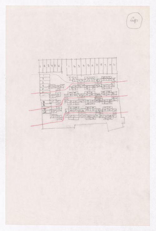 Sketch showing plots layout development for Minimum Cost Housing Group's plot in Aranya township, India, for Aranya Housing Project