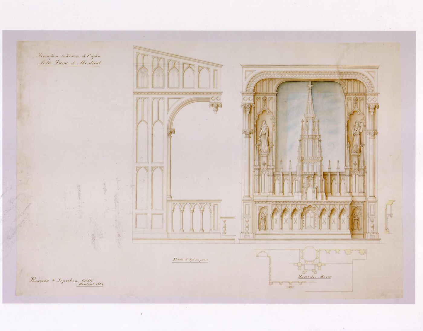 Front and lateral elevations, plan and section for the Autel des Morts for the interior design by Bourgeau et Leprohon for Notre-Dame de Montréal