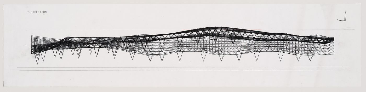 Computer-generated image showing deformation of roof, Odawara Municipal Sports Complex, Odawara, Kanagawa, Japan