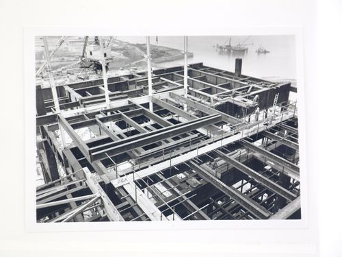 View of construction of steel structure for power station, from above, United Kingdom