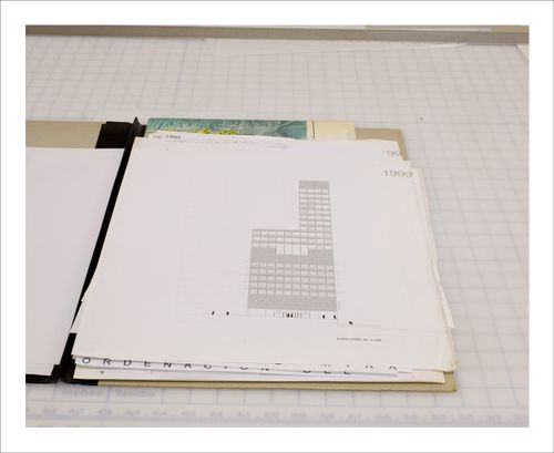 Proofs of Relevance: View of an elevation drawing in a portfolio showing  a section of El Mirador: mixed-use tower in the Bay of Algerciras, Abalos & Herreros (1999), Cadiz, Spain