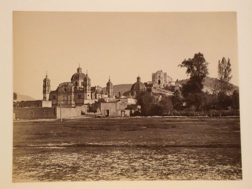 View of the Basílica de Santa María de Guadalupe, the Church and Convent of the Capuchin nuns, the Capilla del Cerrito, and the Stone Sails of Guadalupe, Guadalupe Hidalgo (now Gustavo A. Madero, in Mexico City), Mexico