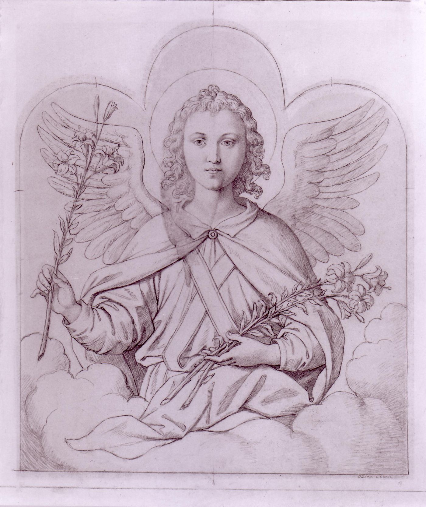 Drawing for an angel holding lilies for the baptistery for Notre-Dame de Montréal