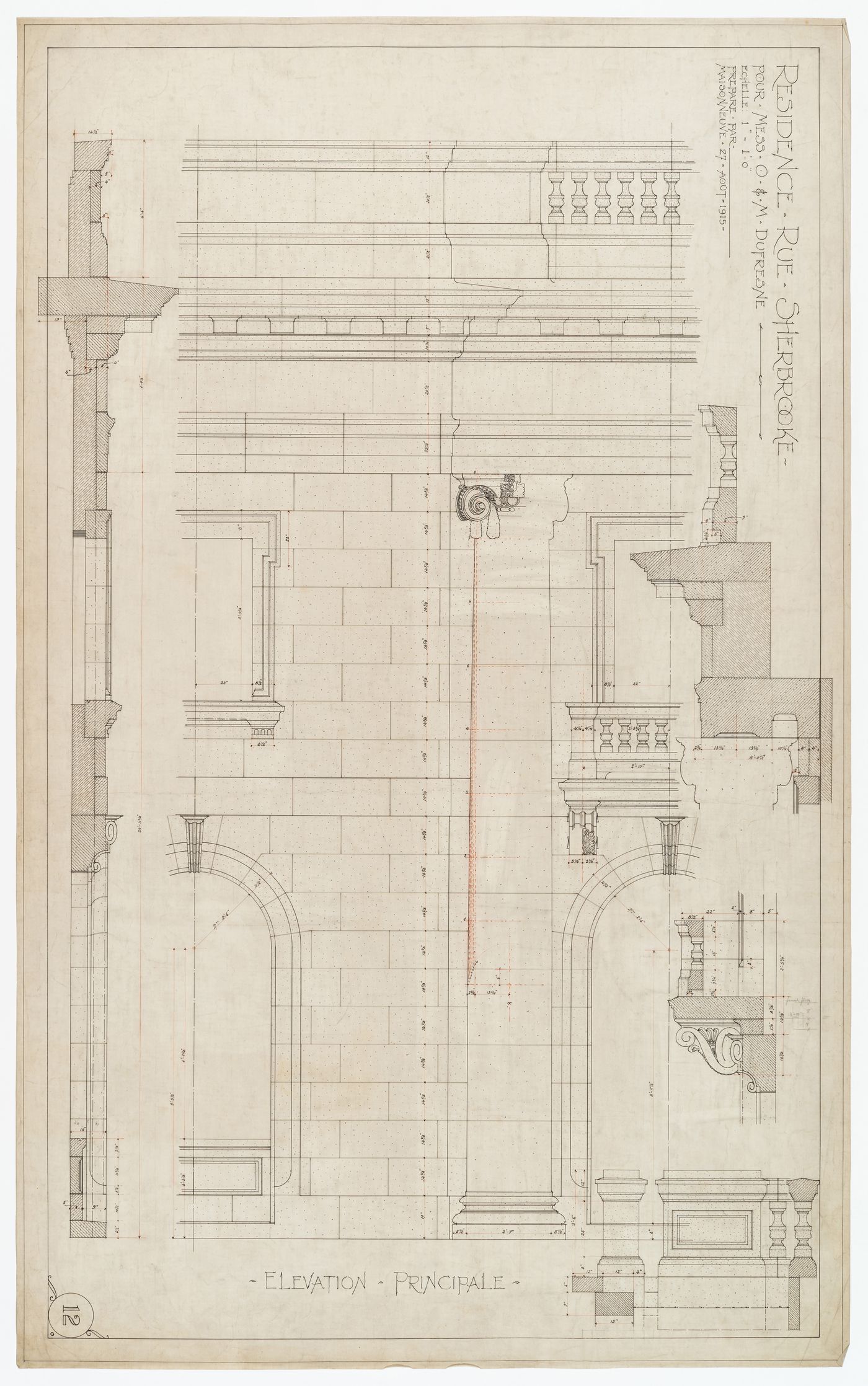 Résidence pour Oscar et Marius Dufresne, rue Sherbrooke, Montréal, Québec : élévation principale, détails