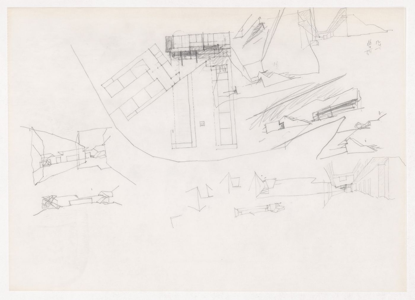 Sketch plan, perspectives, and axonometric views for Escola Pré-primária e Primária, Alcoi, Spain
