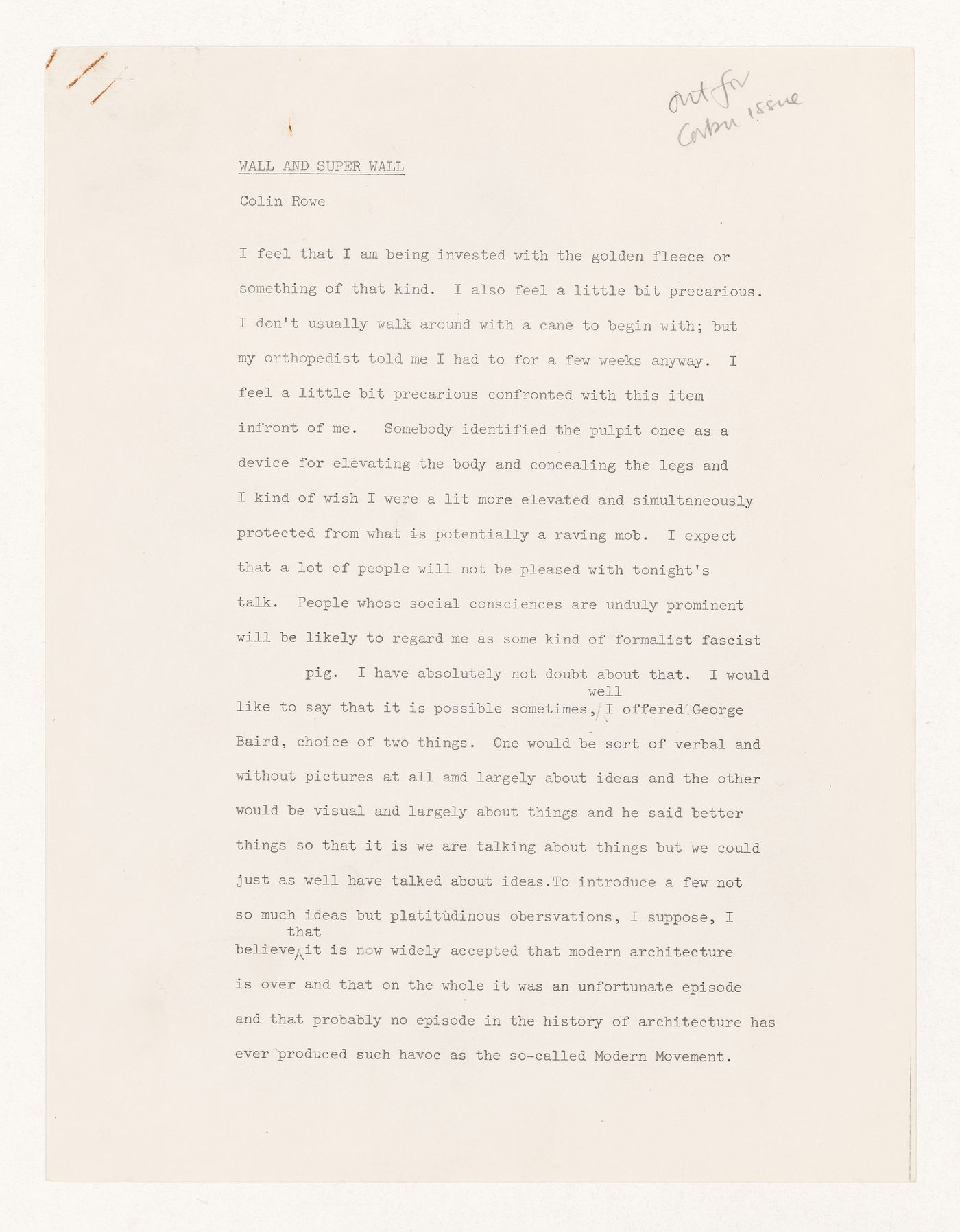 Essay titled "Wall and Super Wall" by Colin Rowe