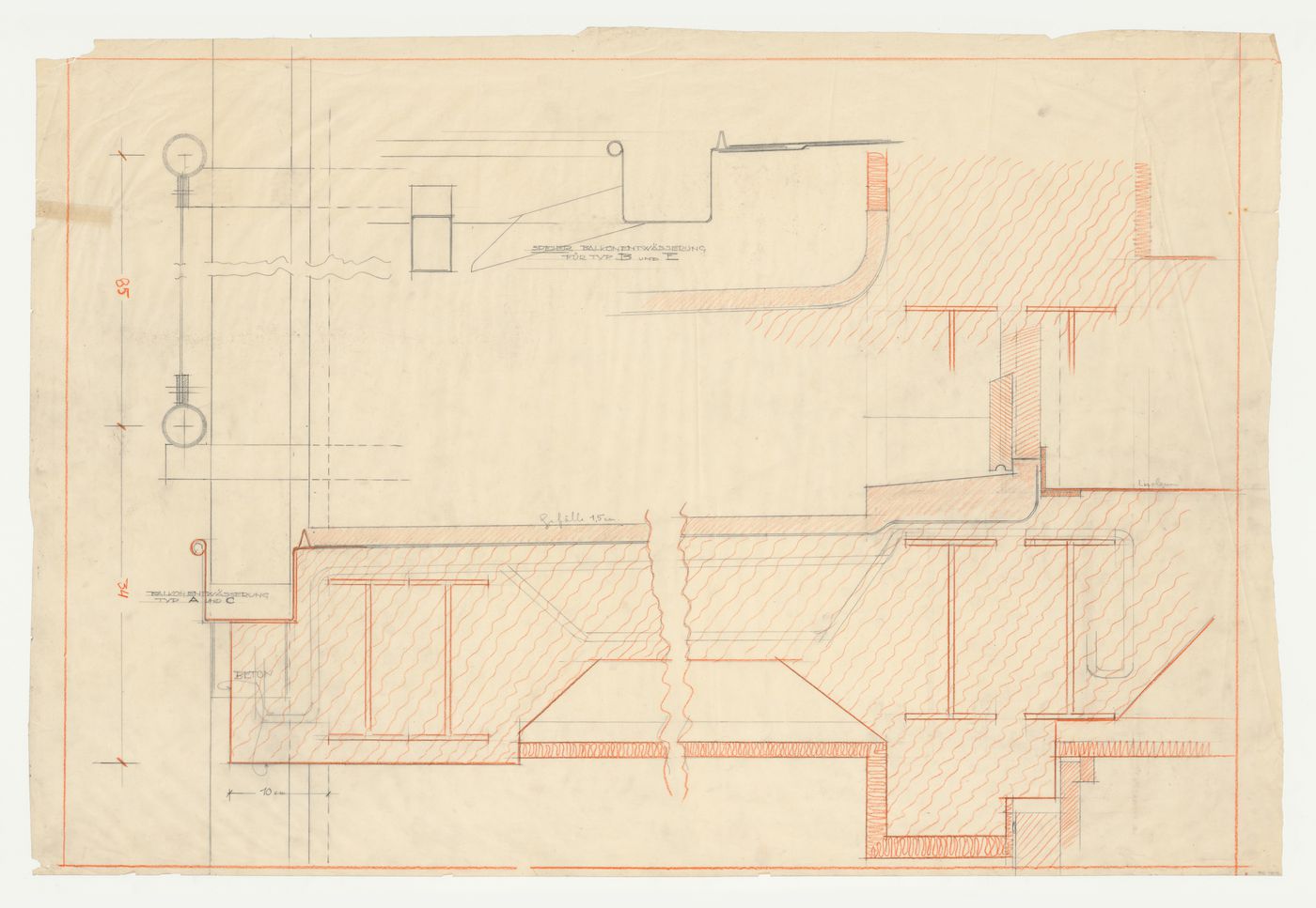 Section for a balcony, and elevations for a drainage system for a balcony, probably for type A, type B, type C and type E housing units, Hellerhof Housing Estate, Frankfurt am Main, Germany