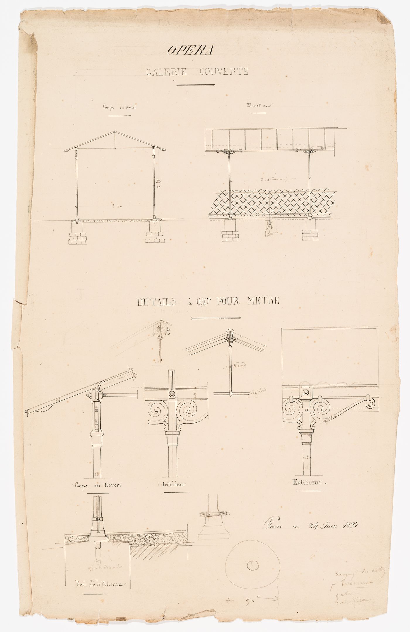 Elevation, section, and details for a covered gallery, probably for Salle Le Peletier