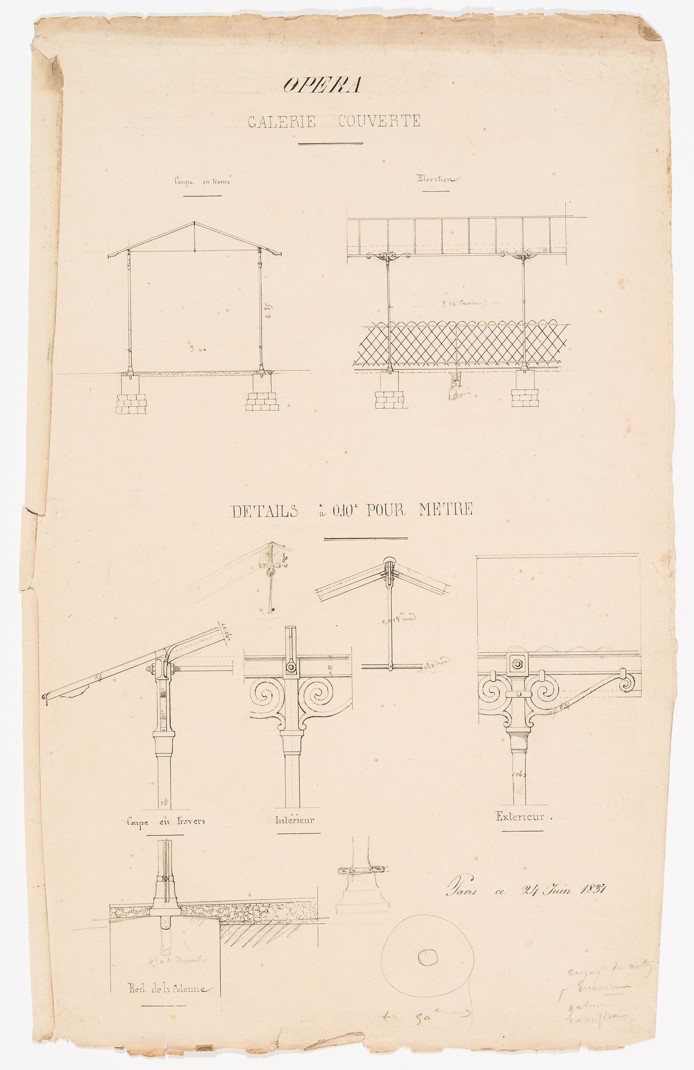 Elevation, section, and details for a covered gallery, probably for Salle Le Peletier