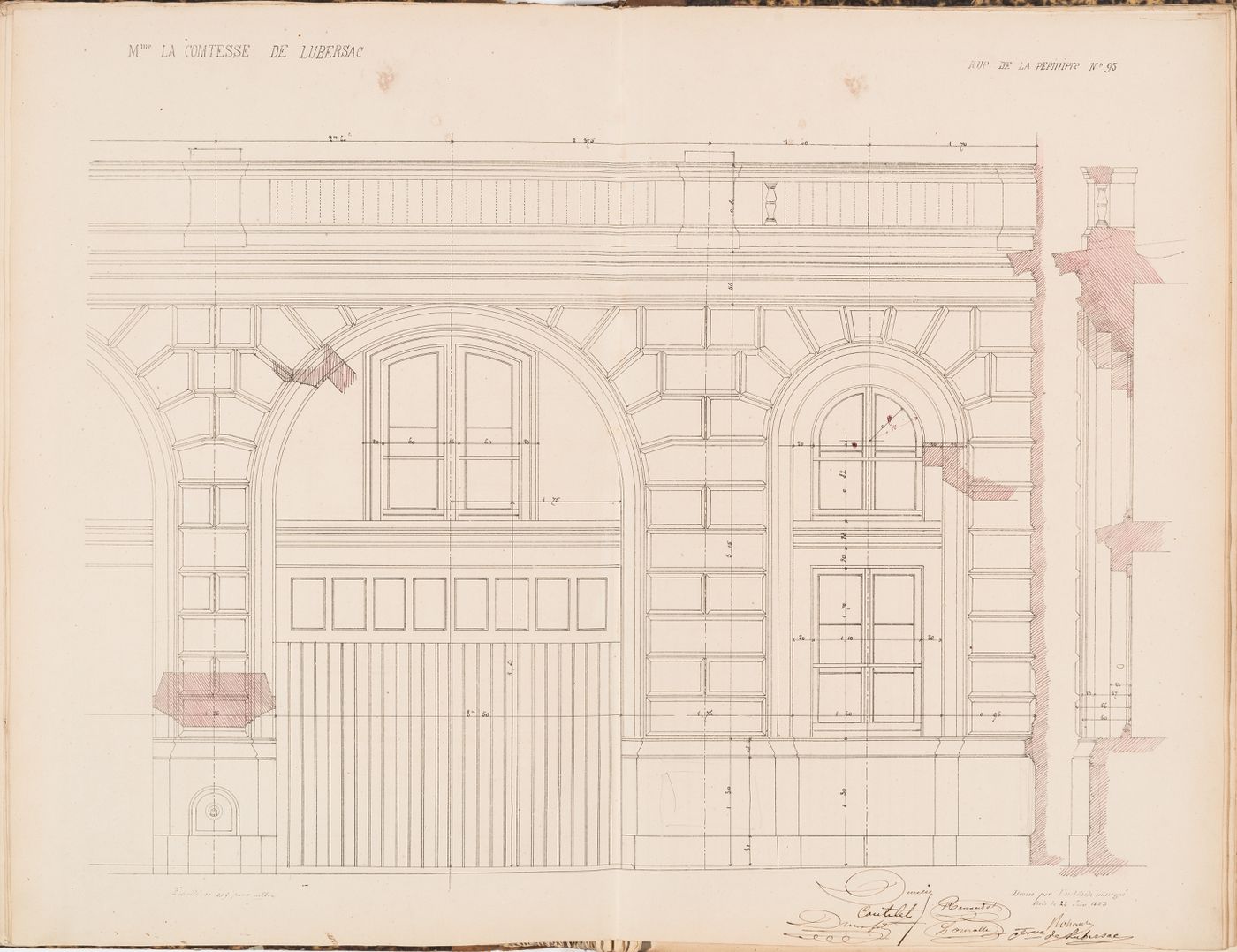 Contract drawing for a house for Madame la comtesse de Lubersac, 95 rue de la Pépinière, Paris: Partial elevation with profiles and a wall section for the service wing