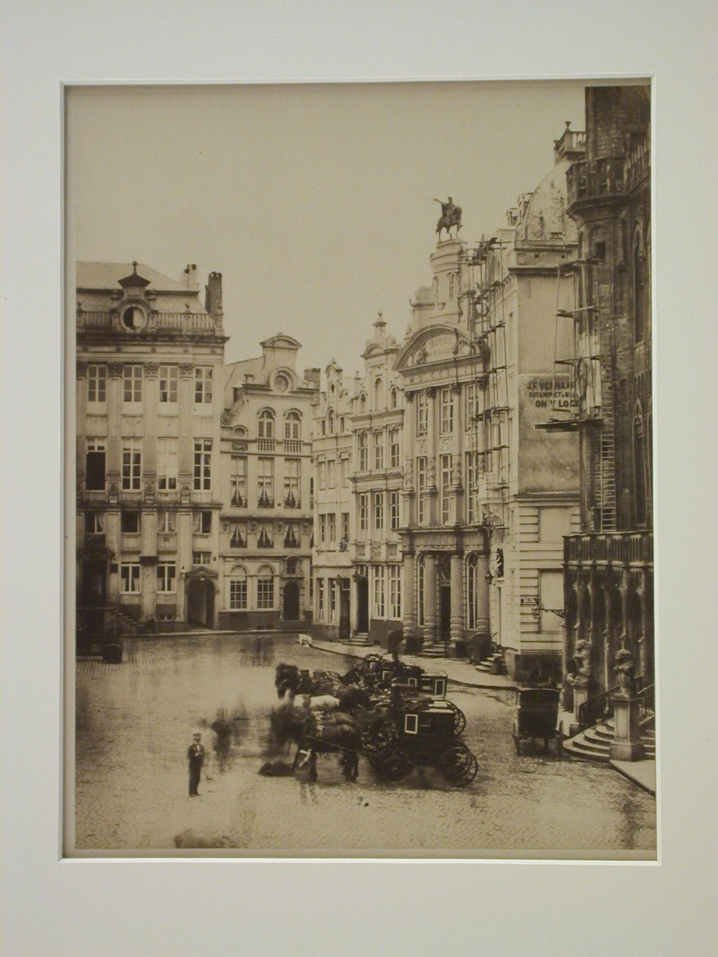 View of unidentified square, with several buildings and many carriages, Paris [?], France