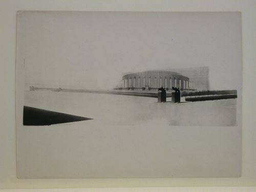 Photograph of a perspective drawing for the final round of competition for a "synthetic theater" in Sverdlovsk, Soviet Union (now Ekaterinburg, Russia)