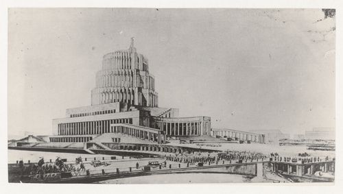 Photograph of a perspective drawing for the fourth round of competition for a Palace of Soviets, Moscow