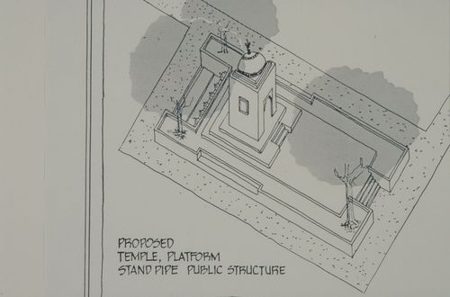 Axonometric view of proposed platform for temple, stand pipe or public structure for the Aranya Housing Project, Indore, India