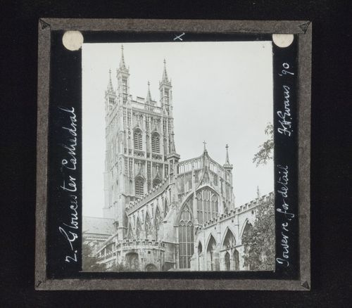 View of central tower and Lady Chapel of Gloucester Cathedral, Gloucester, Gloucestershire, England