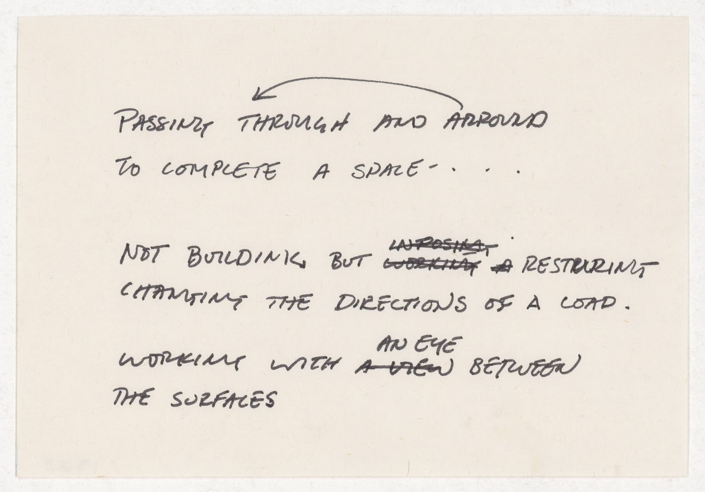 Passing through and around to complete a space / Not building but restoring changing the directions of a load / Working with an eye between the surfaces