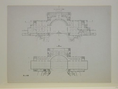 Photograph of a ground floor and basement plan and a third floor plan for a Red Army Theater, Moscow