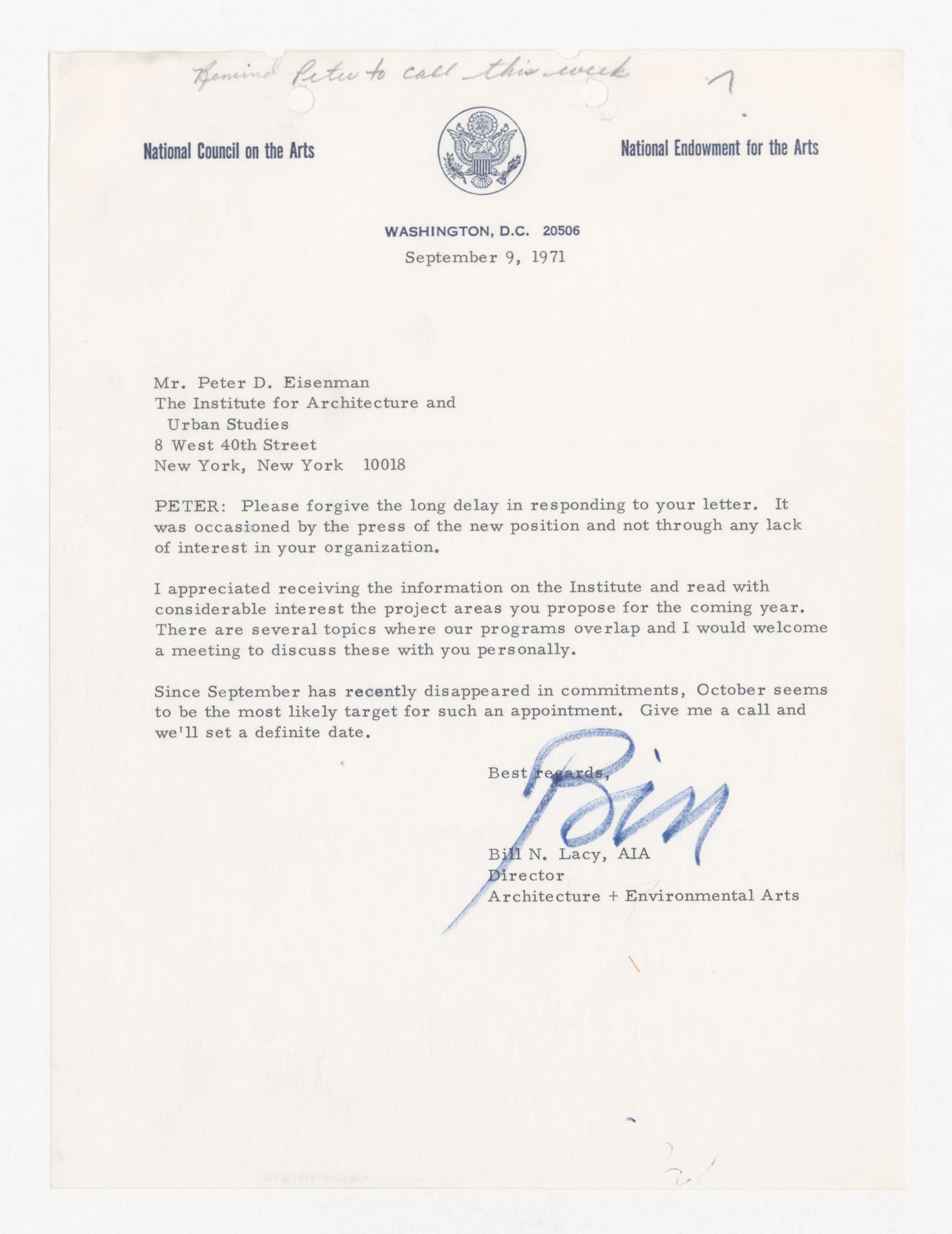 Letter from Bill N. Lacy to Peter D. Eisenman