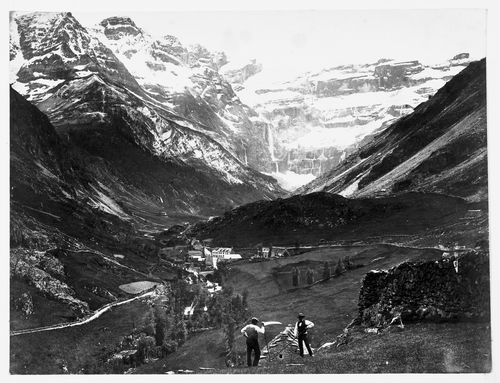 General view of the Valley, and houses with two standing figures in the foreground, Gavarnie, France