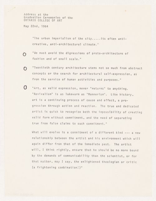 Quotations from Parkin speech given at the graduation ceremonies of the Ontario College of Art