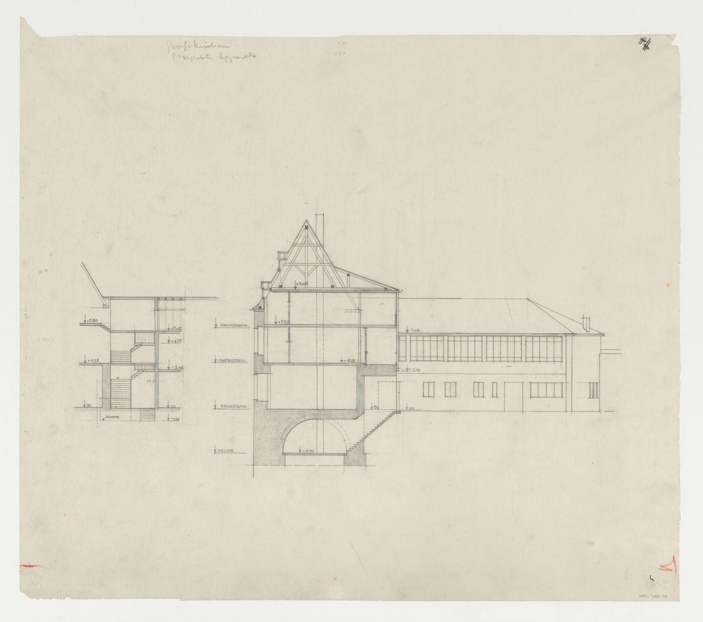 Section and sectional elevation for an addition to an existing building, possibly a school, Limburg an der Lahn, Germany