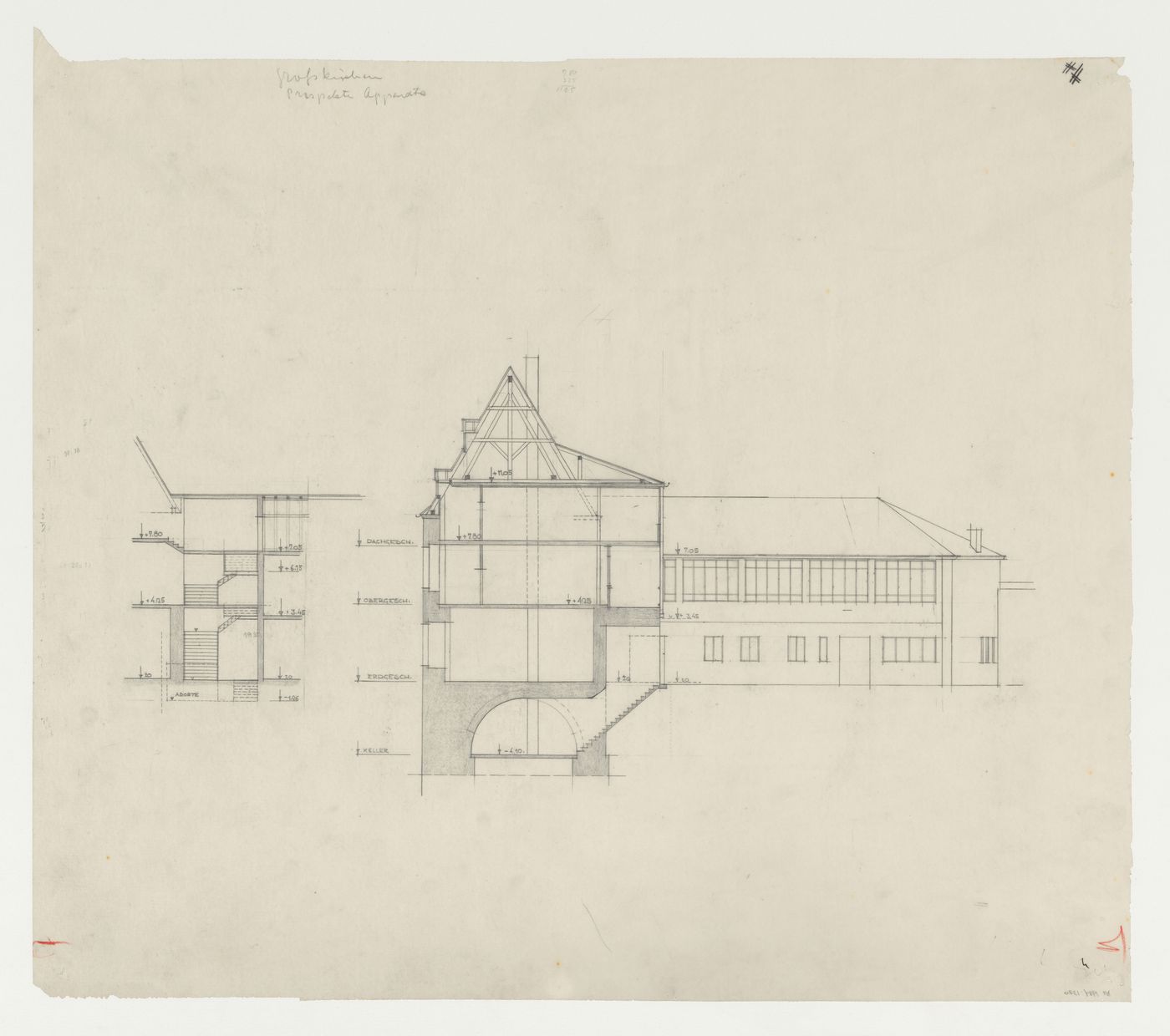 Section and sectional elevation for an addition to an existing building, possibly a school, Limburg an der Lahn, Germany