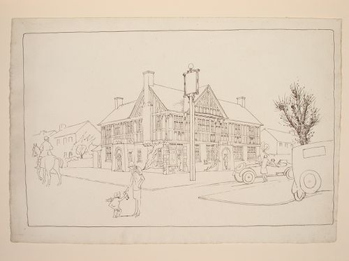 Perspectival view showing a Tudor Revival building, probably an inn or a clubhouse