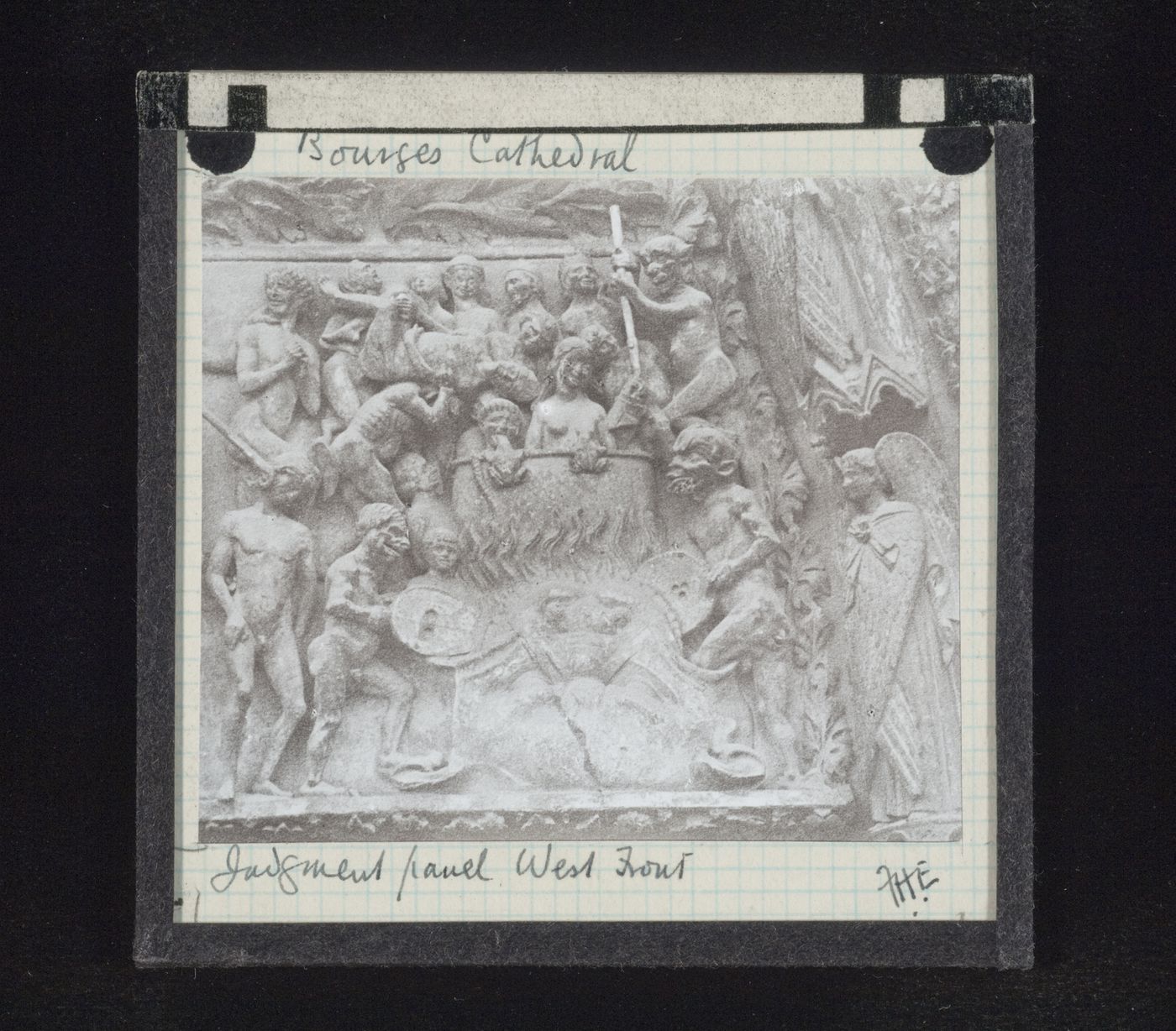 Detail view of Judgment Day panel of west portal of Cathédrale Saint-Etienne de Bourges, Bourges, France