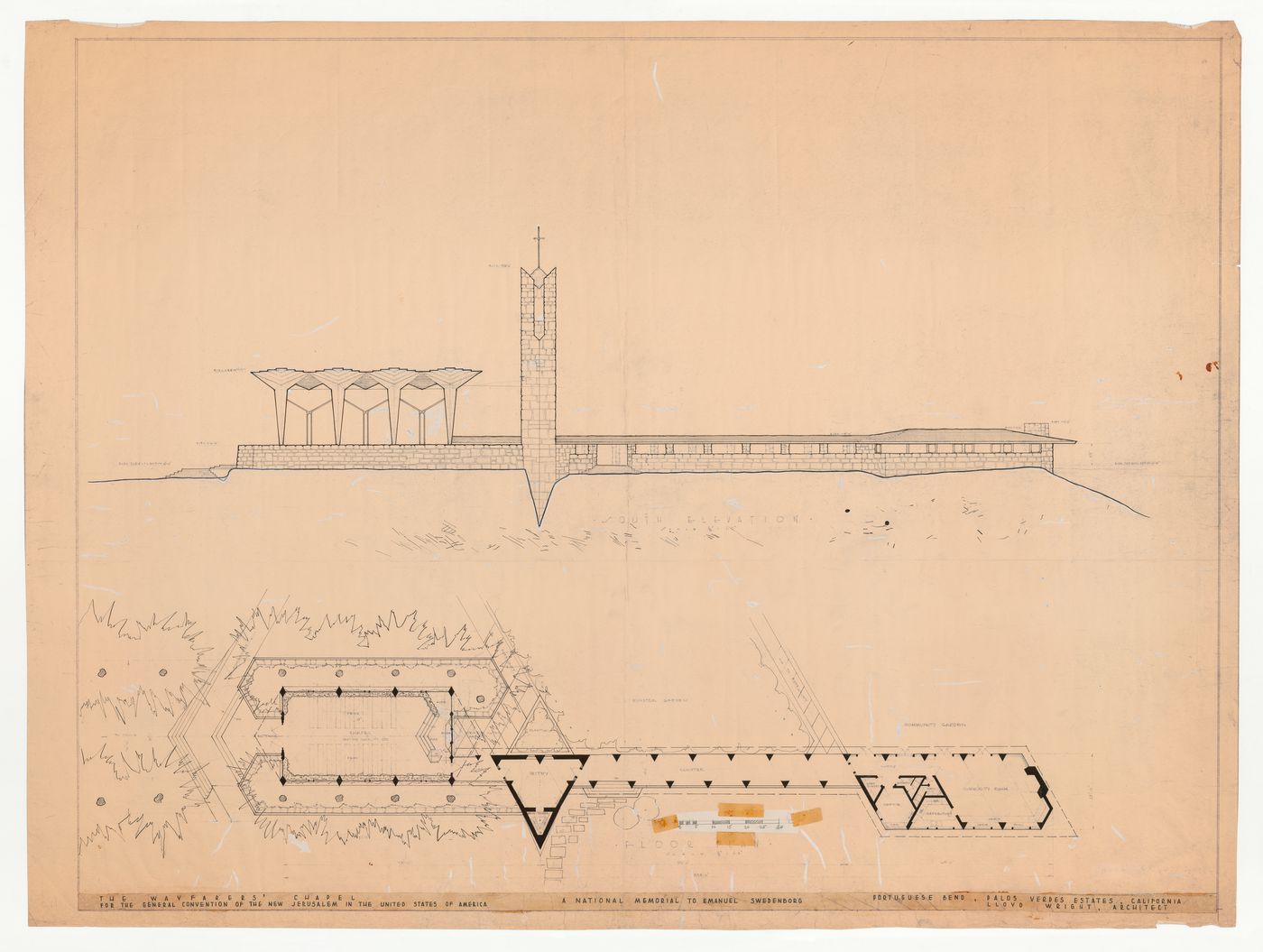 Wayfarers' Chapel, Palos Verdes, California: Preparatory presentation drawing for south elevation and plan for chapel, vestry, campanile, cloister and parish house