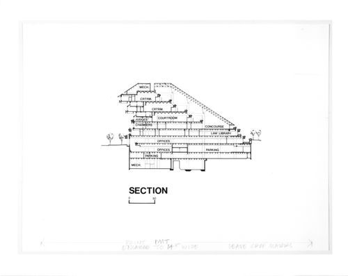 Presentation drawing (reduced), east / west section, Law Courts