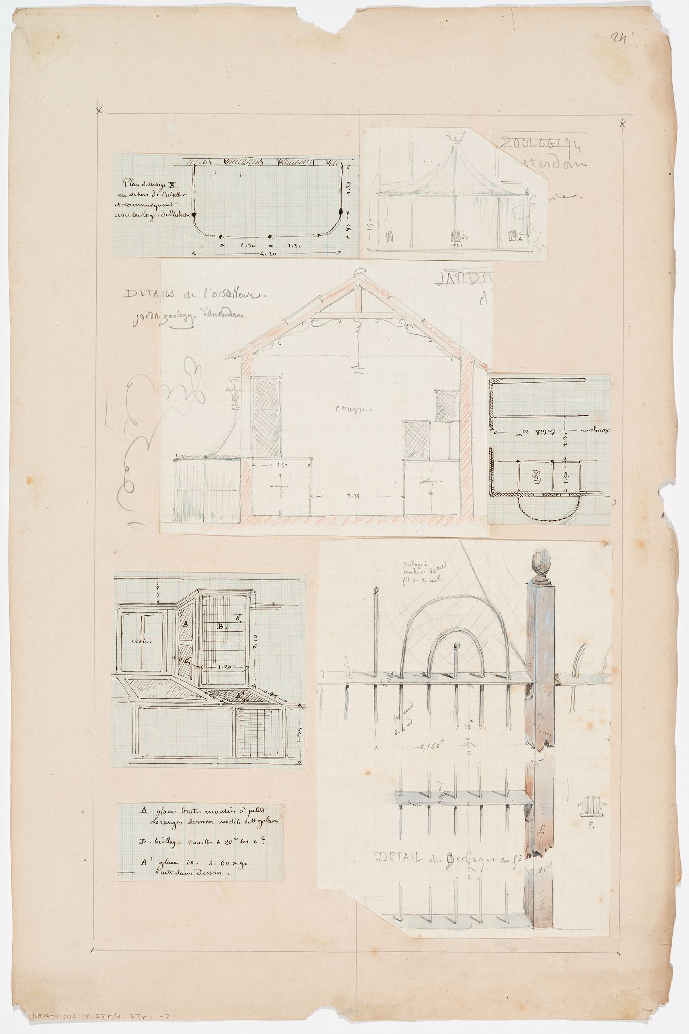 Natura Artis Magistra, Amsterdam: Plans, elevation, section, and axonometric drawing of an aviary, and elevation of a fence