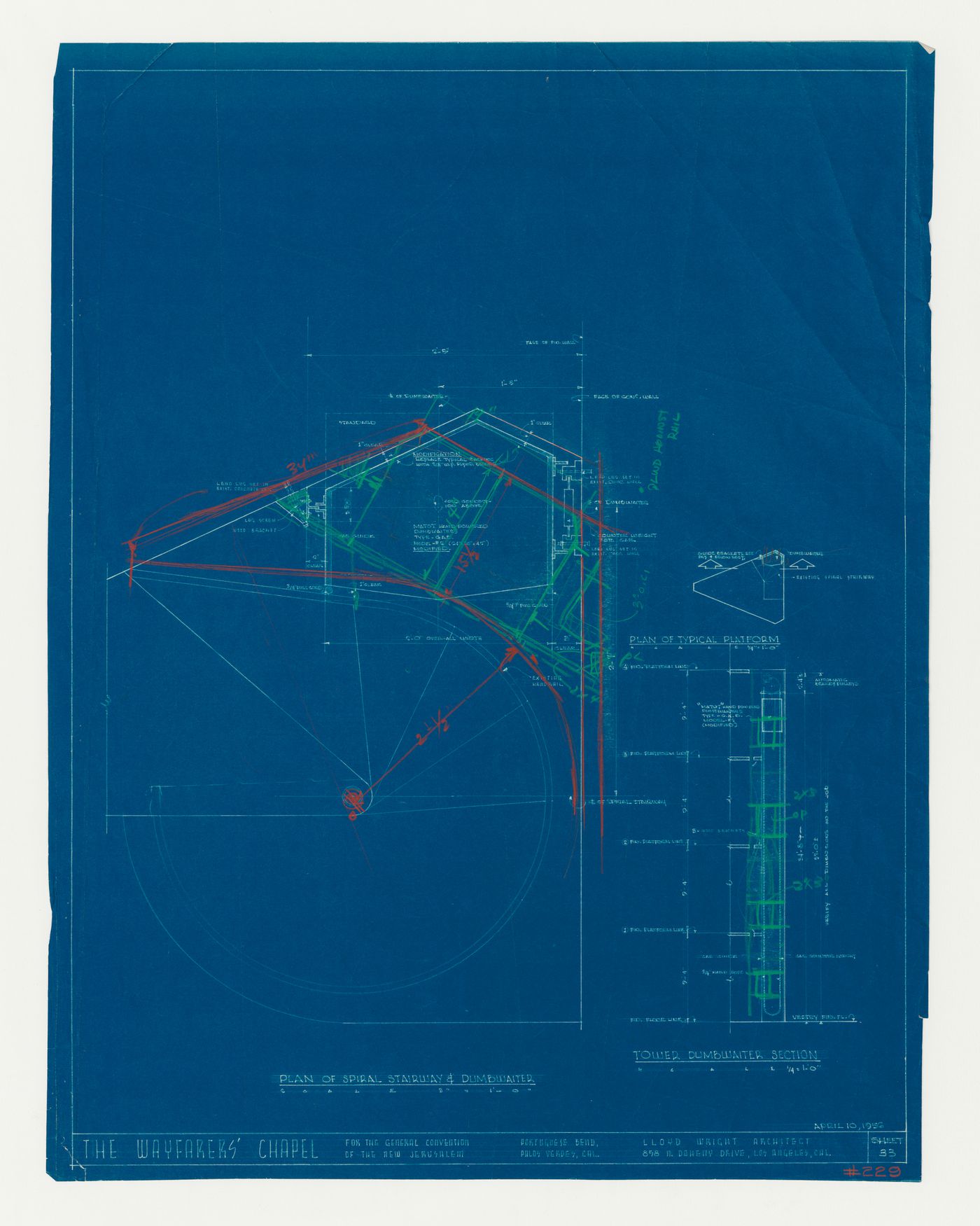 Wayfarers' Chapel, Palos Verdes, California: Plan for campanile stairway and plan and section for dumbwaiter