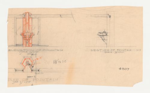 Wayfarers' Chapel, Palos Verdes, California: Elevation, plan and section for the baptismal font