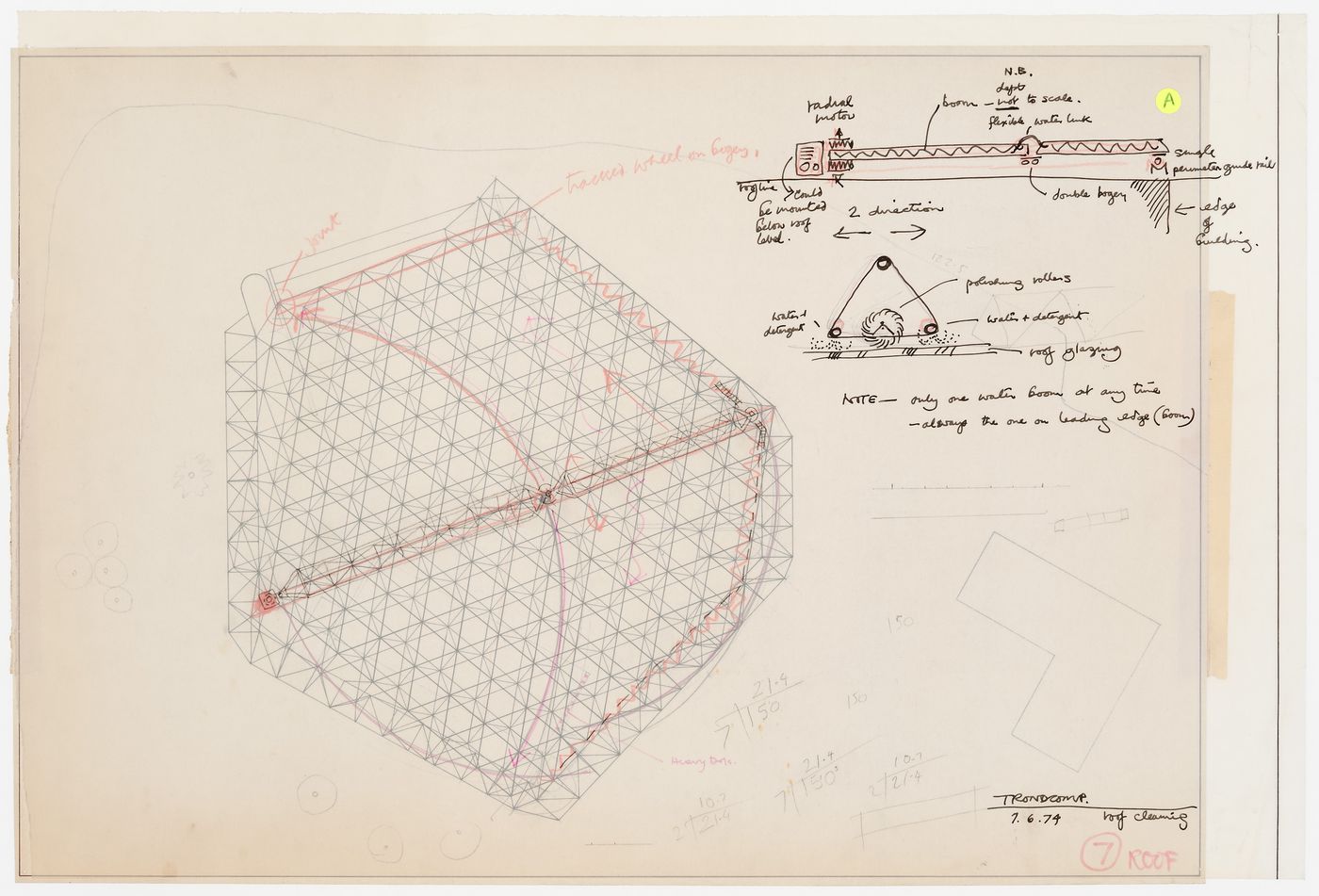 Trondheim Competition: diagrams and notes for roof cleaning system