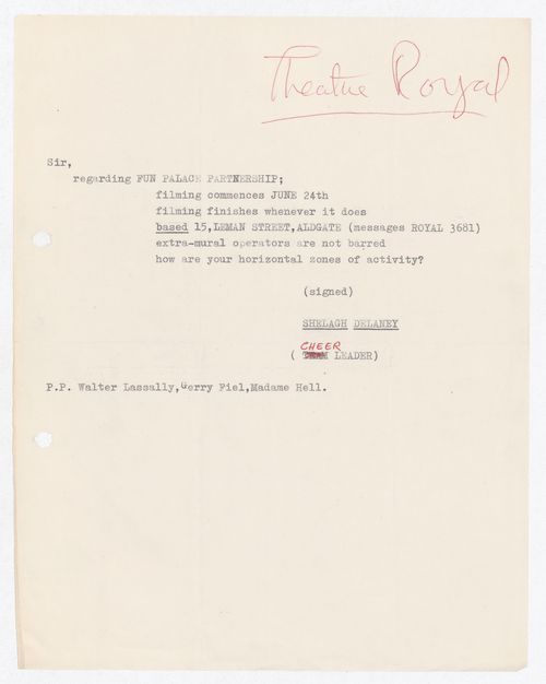 Letter from Shelagh Delaney regarding the Fun Palace filming project