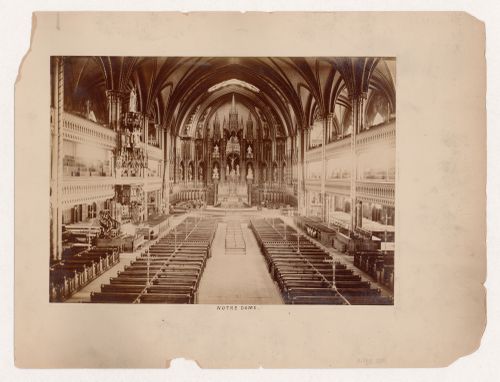Interior view of Basilique Notre-Dame showing the nave, tribunes, and sanctuary, Place d'Armes, Montréal, Québec