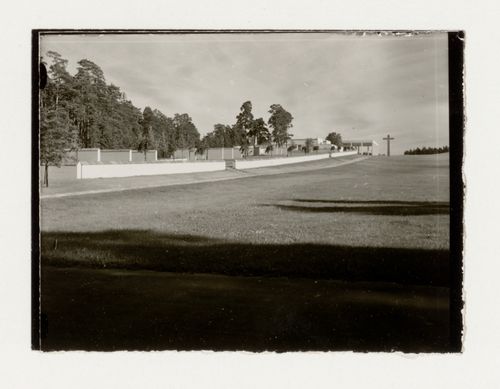 Exterior view of the Chapel of Faith, the Chapel of Hope, the loggia of Monument Hall and the Way of the Cross walkway, Woodland Crematorium and Cemetery, Stockholm