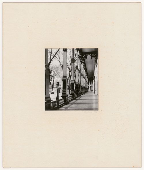 View looking down long, columned hotel porch, Saratoga Springs, New York