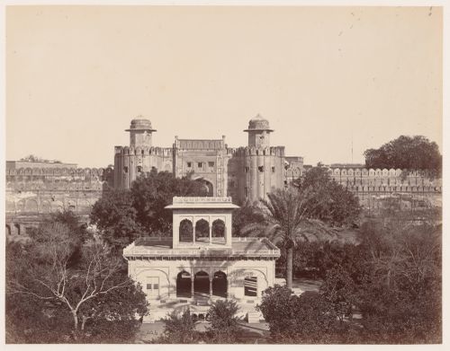 View of a pavilion in the Huzoori Bagh with a gateway of the Lahore Fort in the background, Lahore, India (now in Pakistan)