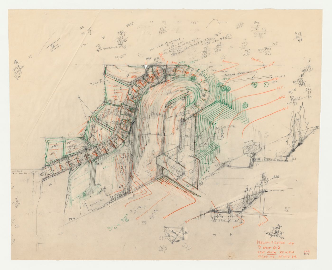Swedenborg Memorial Chapel, El Cerrito, California: Partial site plan with sketch slope profiles