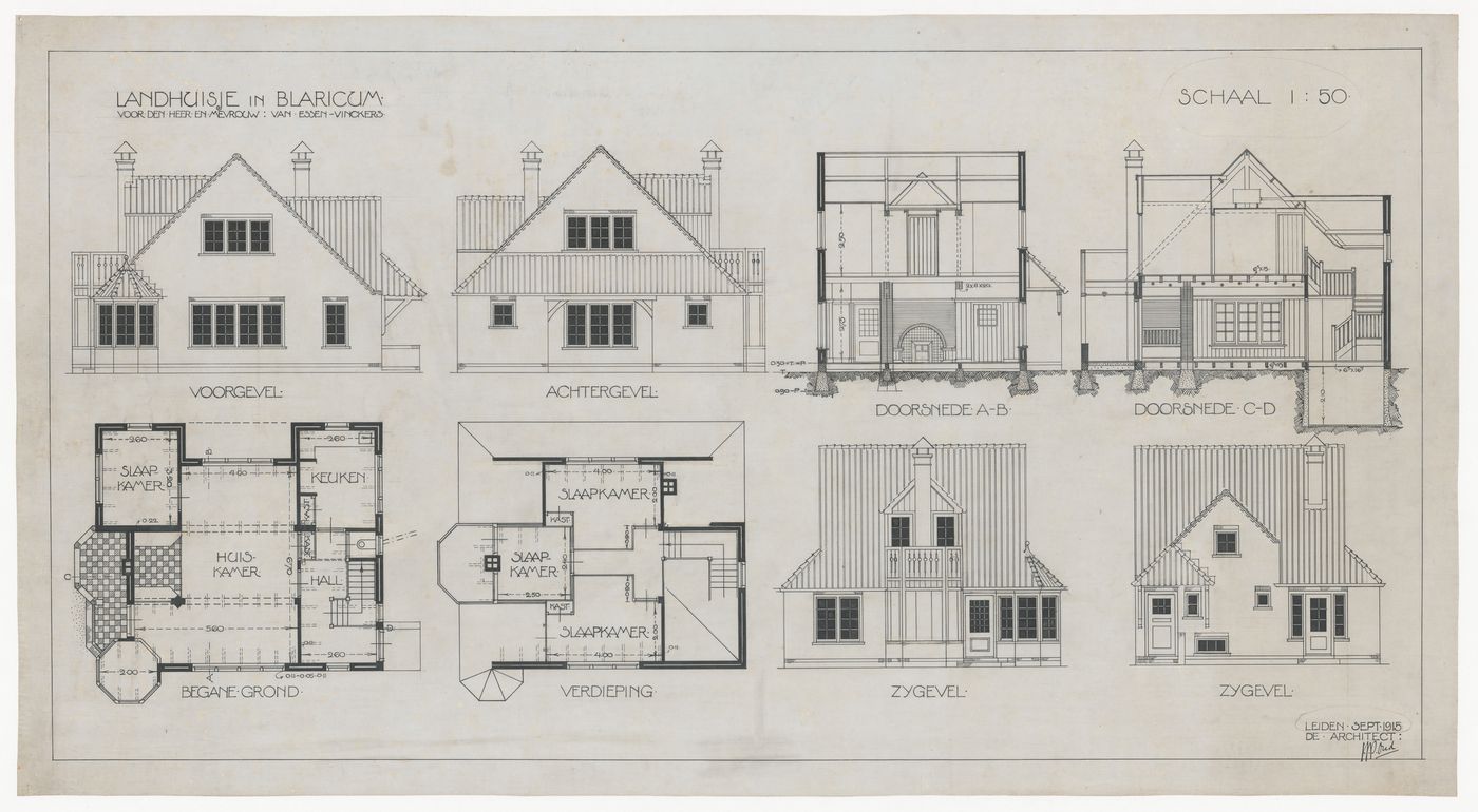 Ground and first floor plans, elevations, and sections for a house for Mr. and Mrs. van Essen-Vinckers, Blaricum, Netherlands