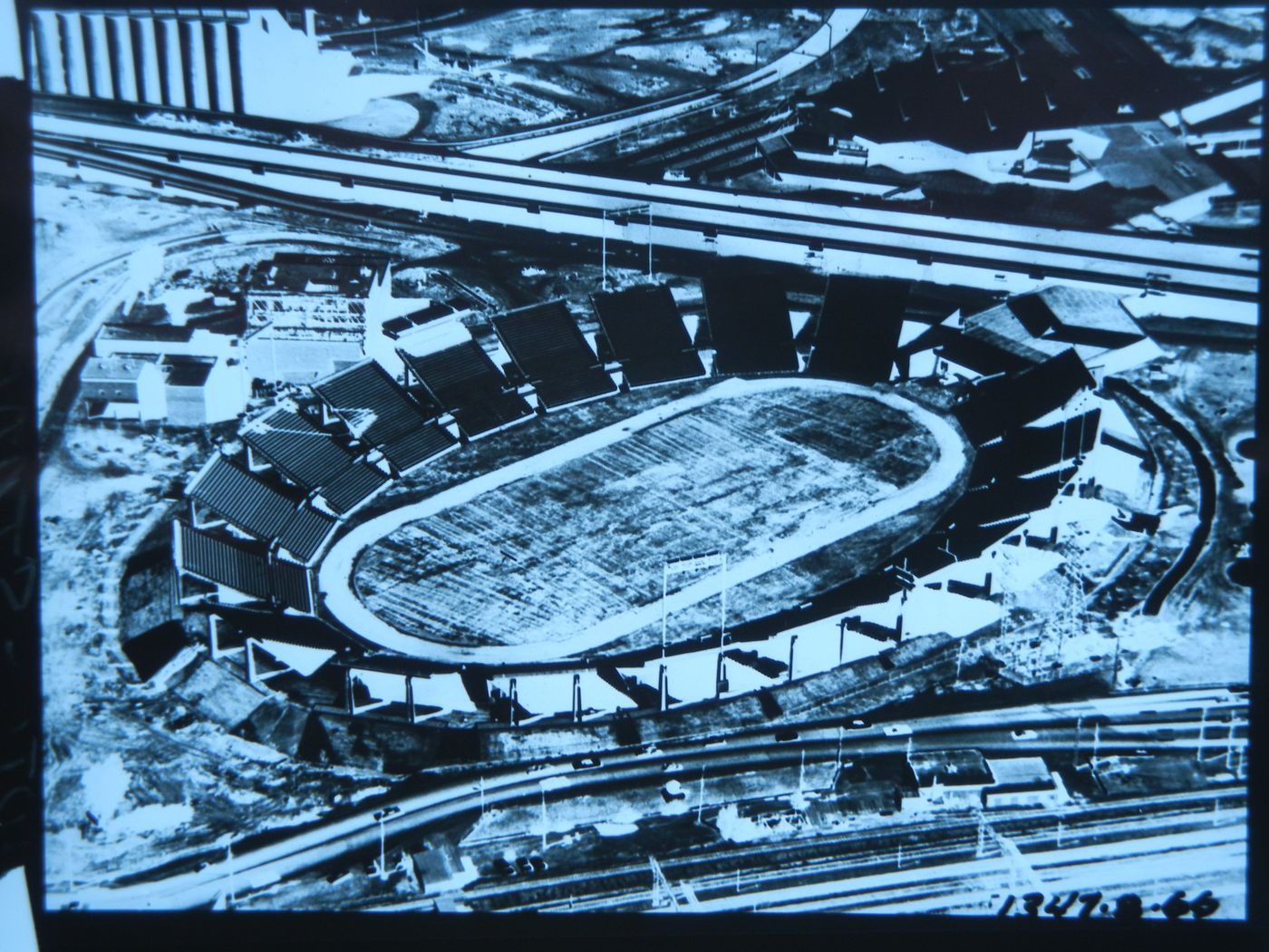 Aerial view of the Automotive Stadium, Expo 67, Montréal, Québec