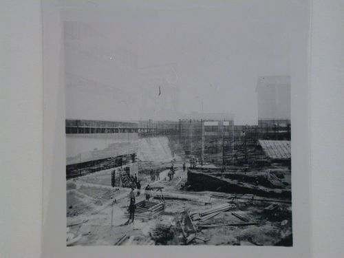 Exterior view of the sluice and turbine building of the Dnieper Hydroelectric Power Station under construction, Zaporozhe, Soviet Union (now in Ukraine)