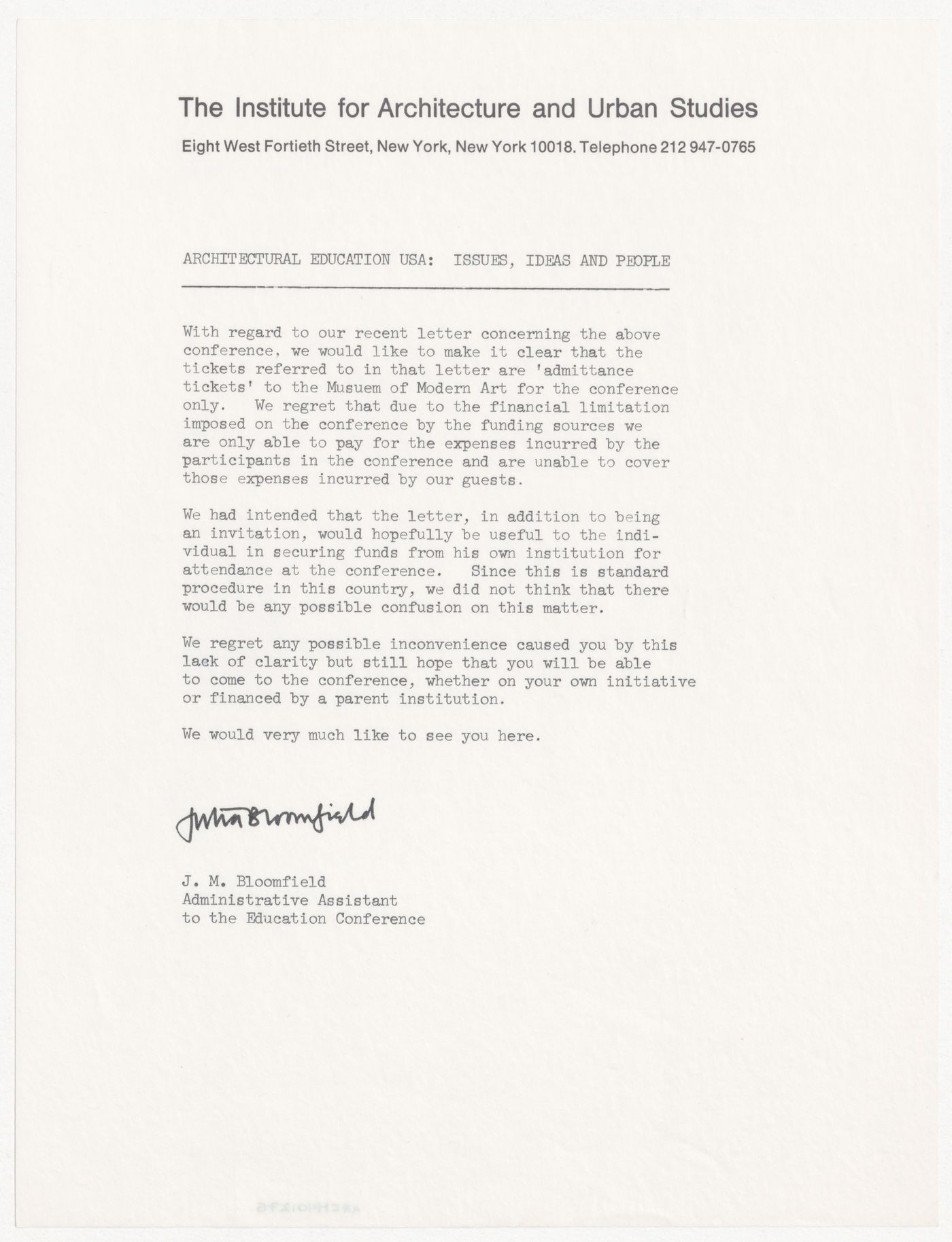 Memorandum from Julia Bloomfield about Peter D. Eisenman's invitation to Conference on Architectural Education U.S.A.