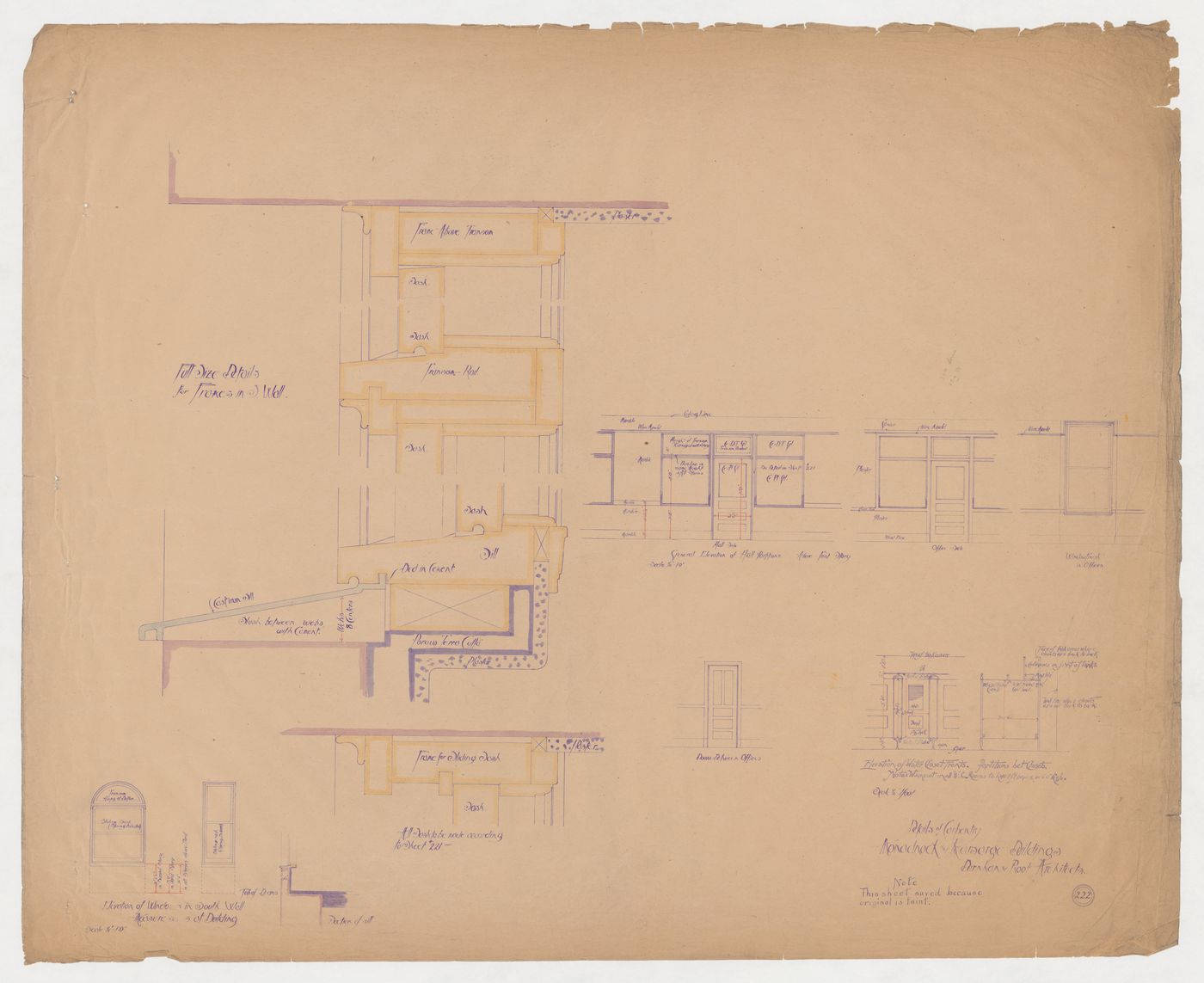 Monadnock and Kearsarge Buildings, Chicago: Elevations and sectional details for windows, interior doors, partitions and toilet compartments