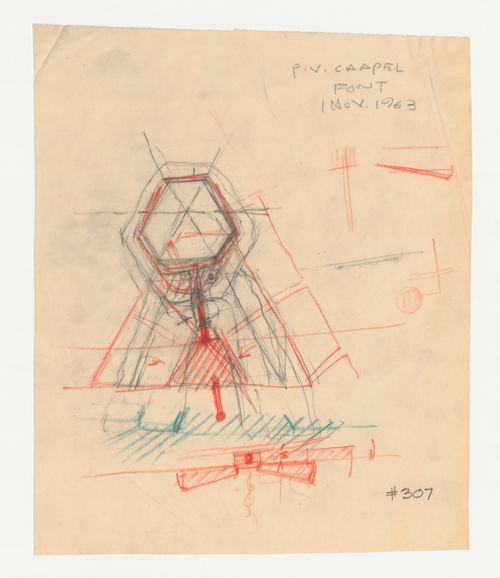 Wayfarers' Chapel, Palos Verdes, California: Sketch plan, sketch section and sketches for the baptismal font